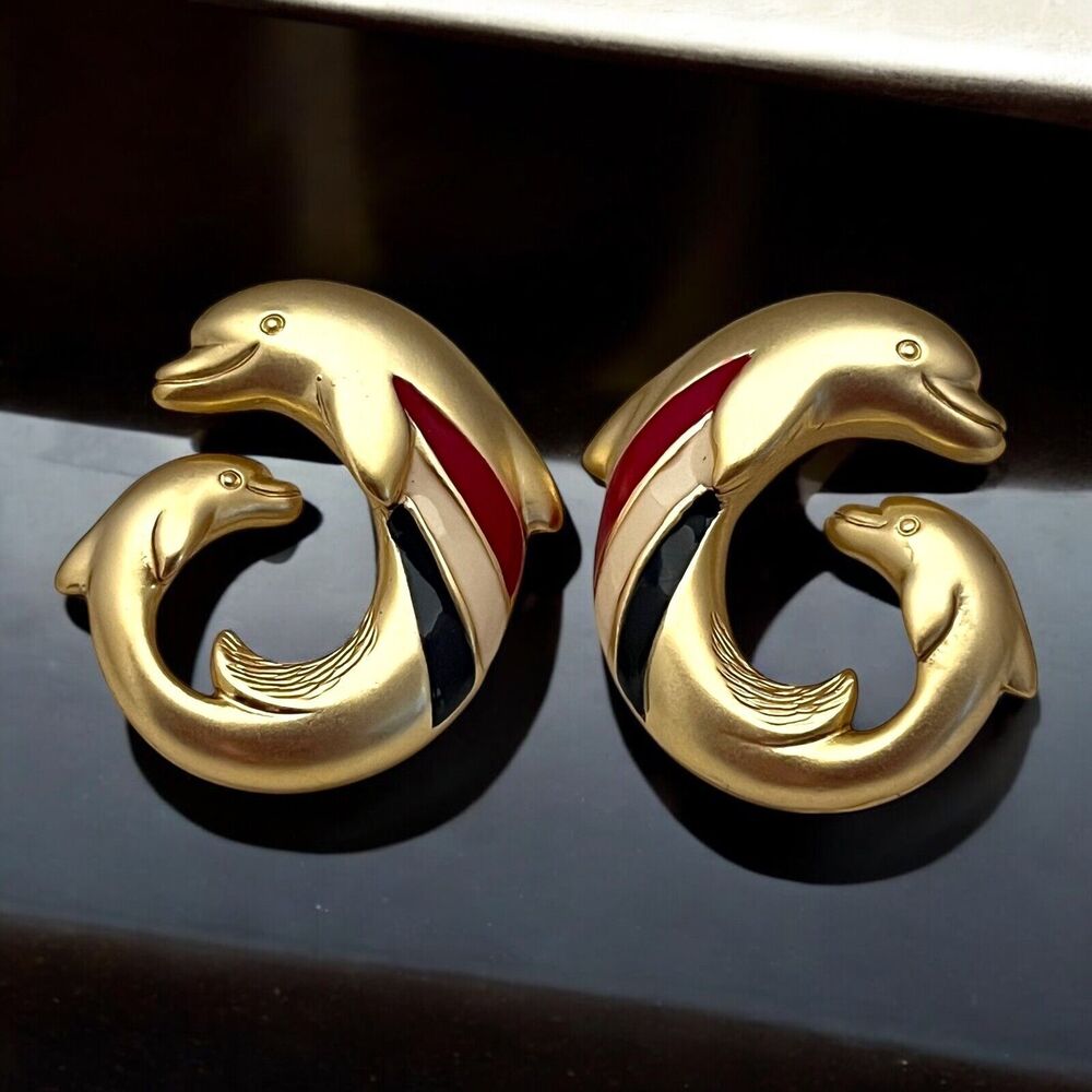 Vintage 1980s Dolphin Earrings Red White Blue Enamel Gold Tone Pierced - 11D